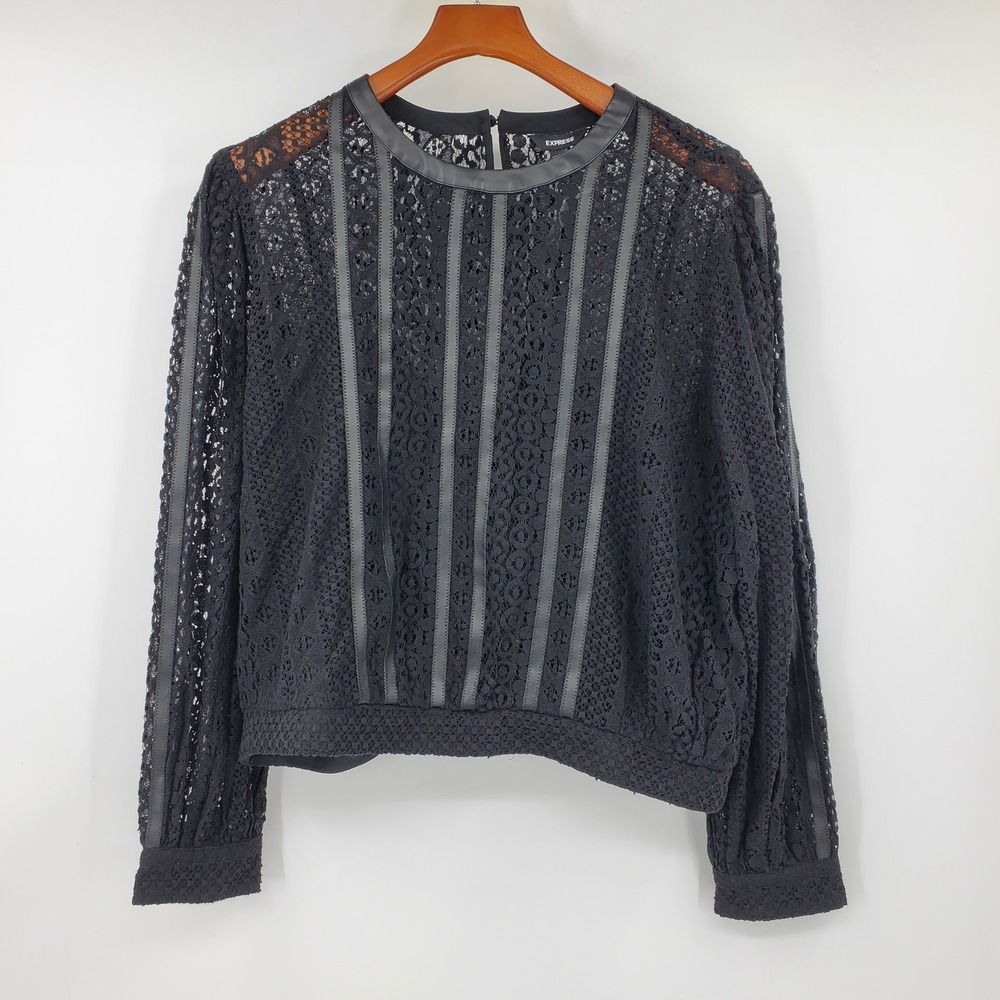 NWT Express Black Lace Faux Leather Trim Long Sleeve Top XL Whimsigoth Victorian